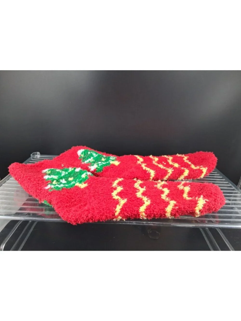 Red Holiday Fuzzy Socks With Christmas Tree Design